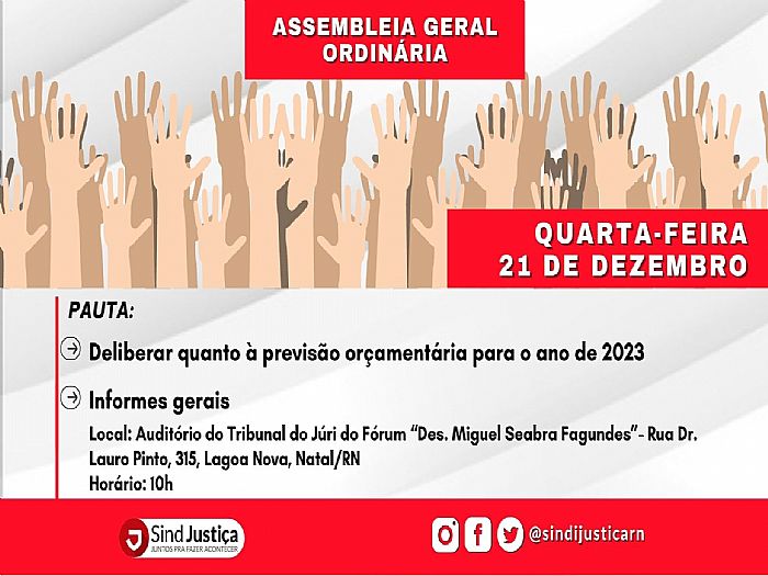 SindJustiça RN : Notícias : SindJustiça/RN convoca Assembleia Geral Ordinária para deliberar previsão orçamentária SindJustiça RN : Notícias : SindJustiça/RN convoca Assembleia Geral Ordinária para deliberar previsão orçamentária